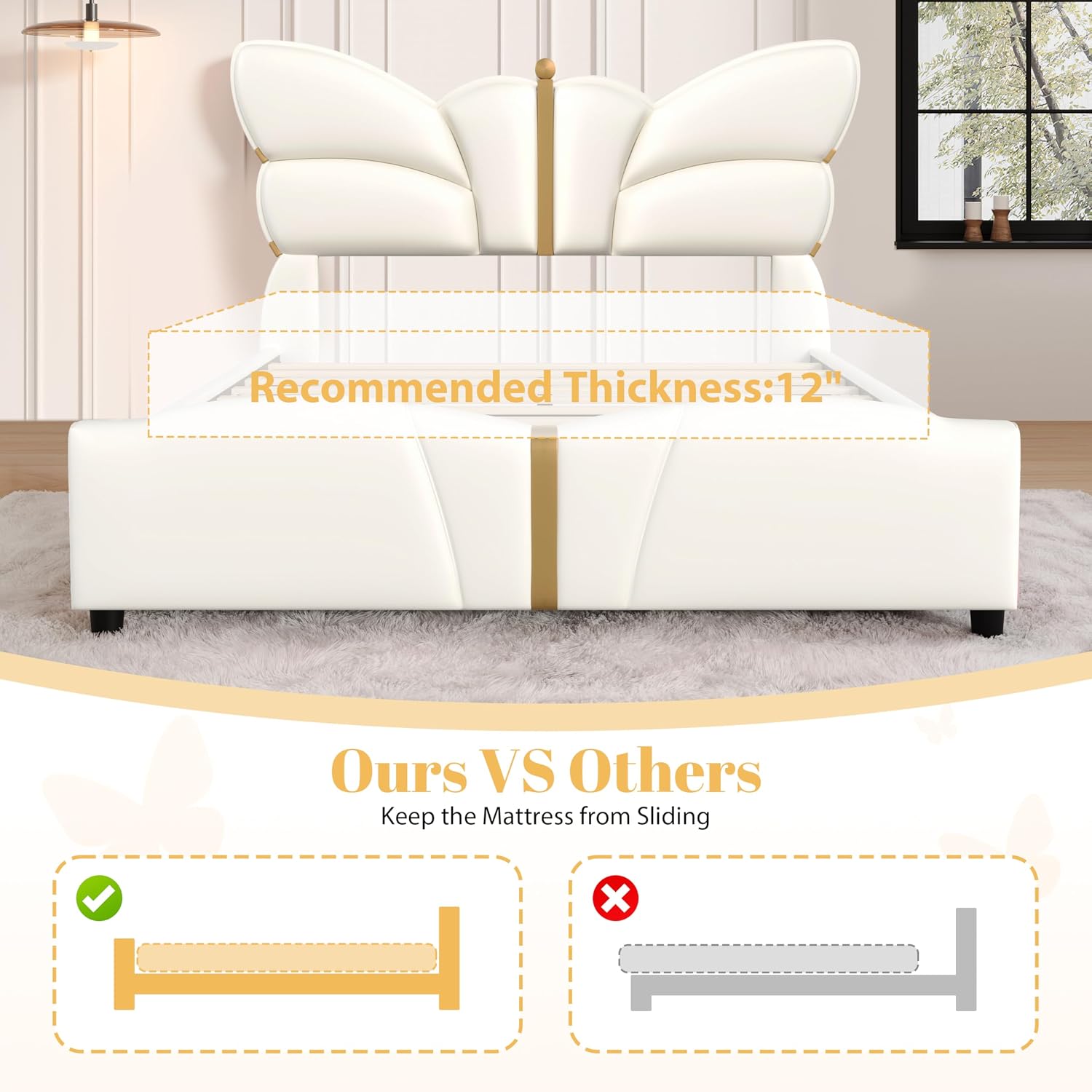 Merax PU Leather Upholstered Platform Bed with Butterfly Shaped Headboard and Footboard, Full Size Bed Frame for Bedroom, Solid Wood Slats Support, No Box Spring Needed, Easy Assembly, Beige