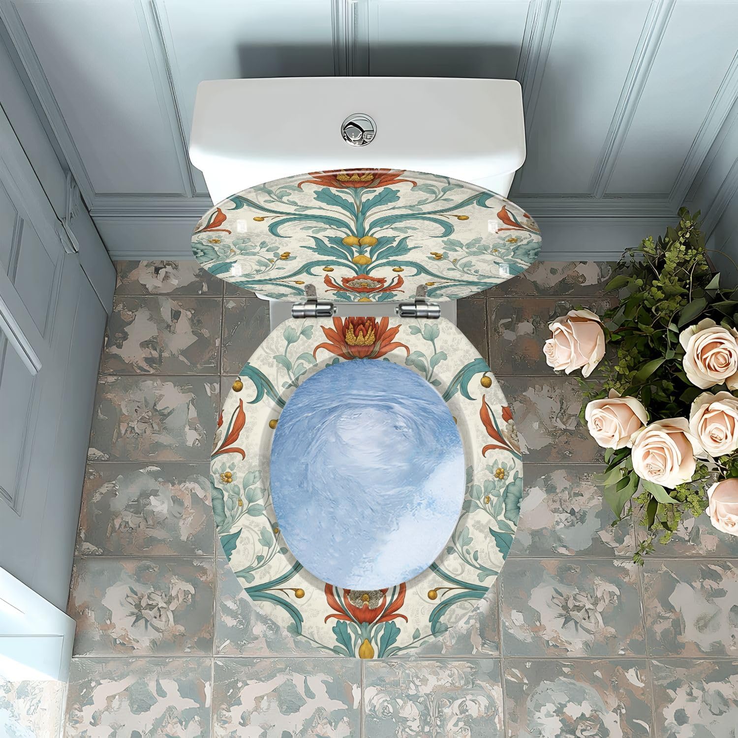 Round Toilet Seat Floral Vibrant Red Teal Yellow Motifs Victorian Vintage Resin Toilet Seat with Quietly Close Quick Release Hinges Decorative Toilet Seat with Cover Easy to Clean and Install