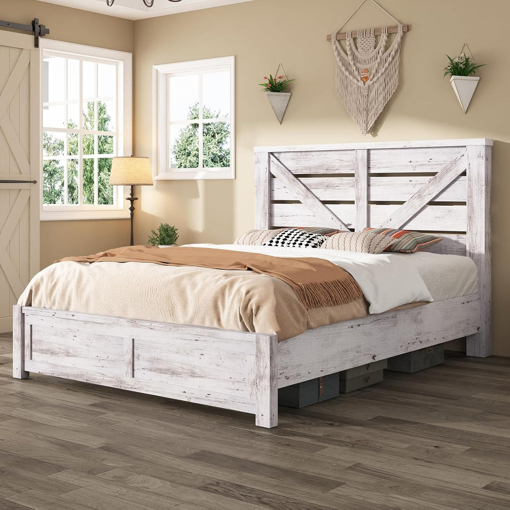 AMERLIFE Full Size Bed Frame with 49.2' Barn Door Headboard and Footboard, Farmhouse Platform Bed Frame with Wood Slats, No Box Spring Needed, Under Bed Storage, Distressed White