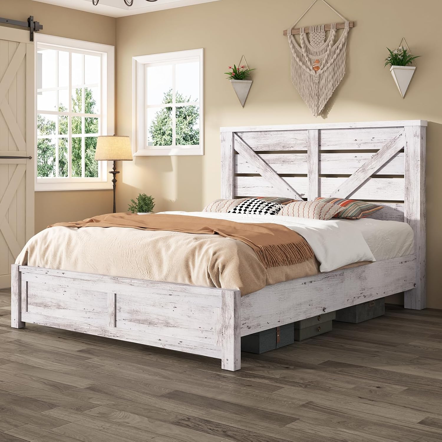AMERLIFE Queen Size Bed Frame with 49.2' Barn Door Headboard and Footboard, Farmhouse Platform Bed Frame with Wood Slats, No Box Spring Needed, Under Bed Storage, Distressed White