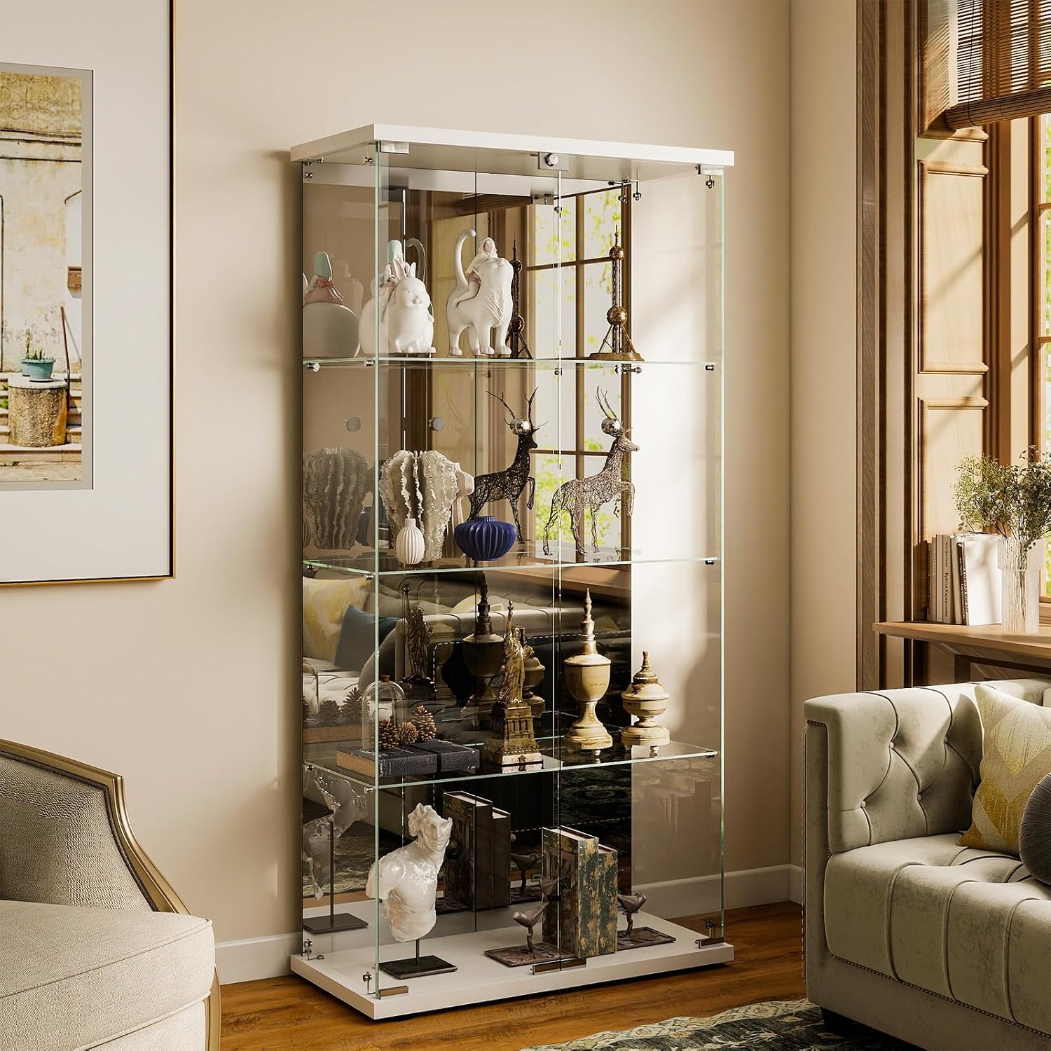 Mirrored Glass Display Cabinet with Lock, 4-Shelf Tempered Glass Curio Cabinet with 2 Doors, Collectible Display Showcase for Living Room, Bedroom – White