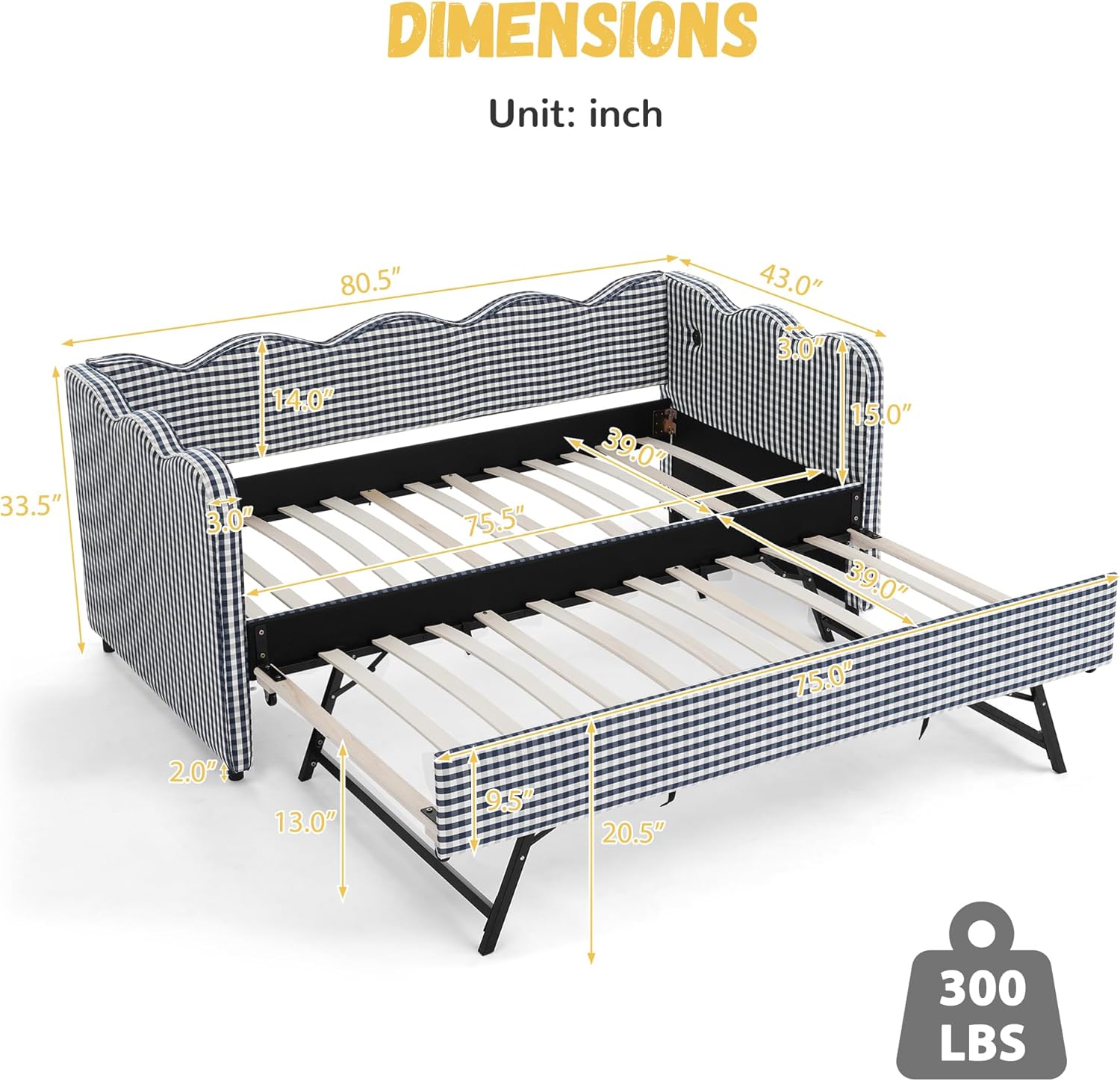 DEINPPA Twin Size Upholstered Daybed with Trundle, Gingham Daybed with USB Ports for Bedroom Living Room Guest Room-Navy