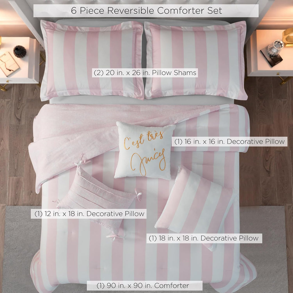 Juicy Couture Cabana Stripe Reversible Bedding Set - Queen/Full Size - Dogwood Pink/White Stripe Print – 6 Piece Set – Includes 1 90' x 90' Comforter, 3 Decorative Pillows, 2 Shams