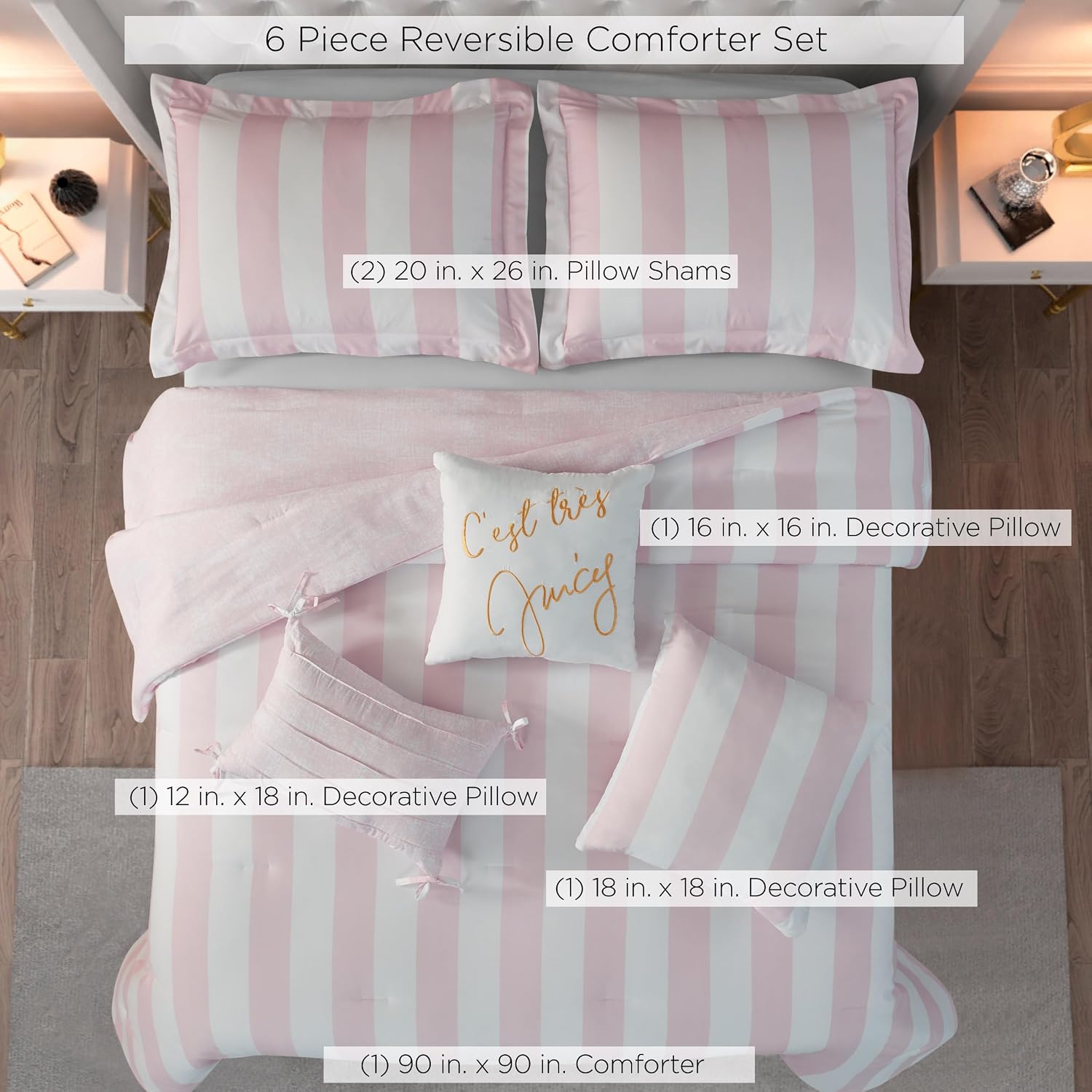 Juicy Couture Cabana Stripe Reversible Bedding Set - Queen/Full Size - Dogwood Pink/White Stripe Print – 6 Piece Set – Includes 1 90' x 90' Comforter, 3 Decorative Pillows, 2 Shams