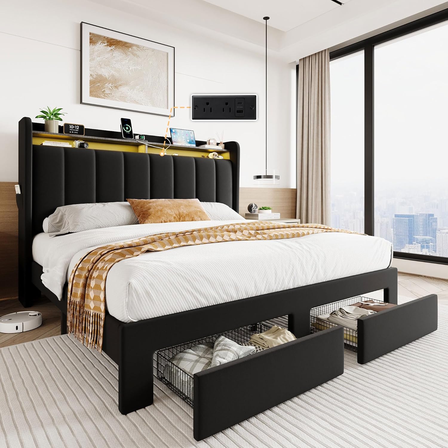 SHA CERLIN Velvet Full Size Bed Frame with Vertical Channel Tufted Wingback Headboard & 2 Storage Drawers/2-Tier Shelves with LED Lights & Charging Station/Noise-Free/No Box Spring Needed/Black