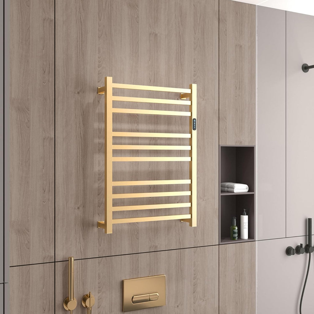 Luxury Heated Towel Rack for Bathroom, Wall Mounted Electric Towel Warmer Racks with Timer & Temperature Multi-Level Adjustable, 10 Bars Stainless Steel Towel Heater for Bathroom (Brushed Gold)