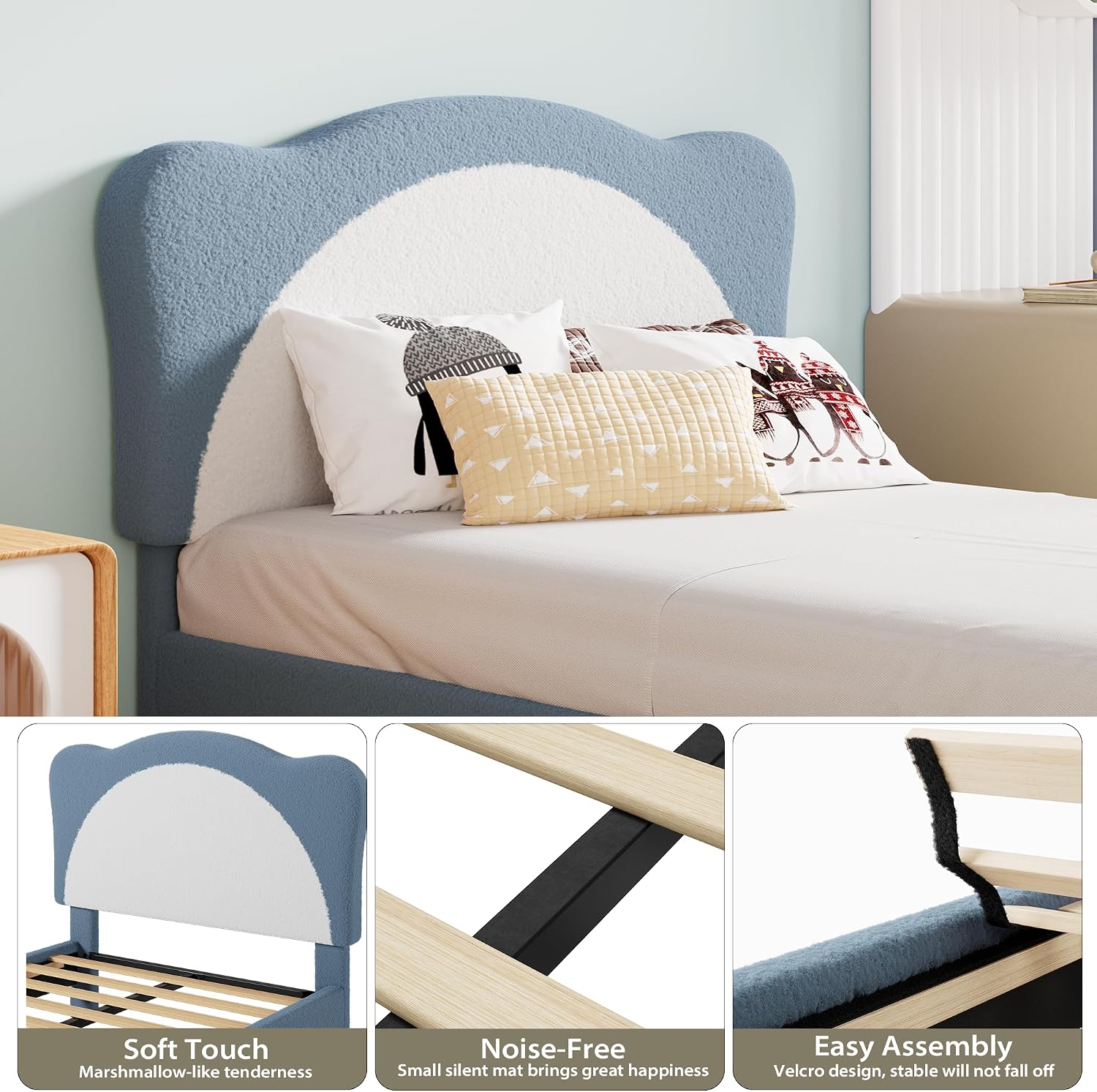 GarveeHome Twin Size Bed Frame for Kids - Cute Velvet Princess Platform Bed with Upholstered Headboard for Girls/Boys, Solid Wood Slats Support, No Box Spring Needed, Blue + White
