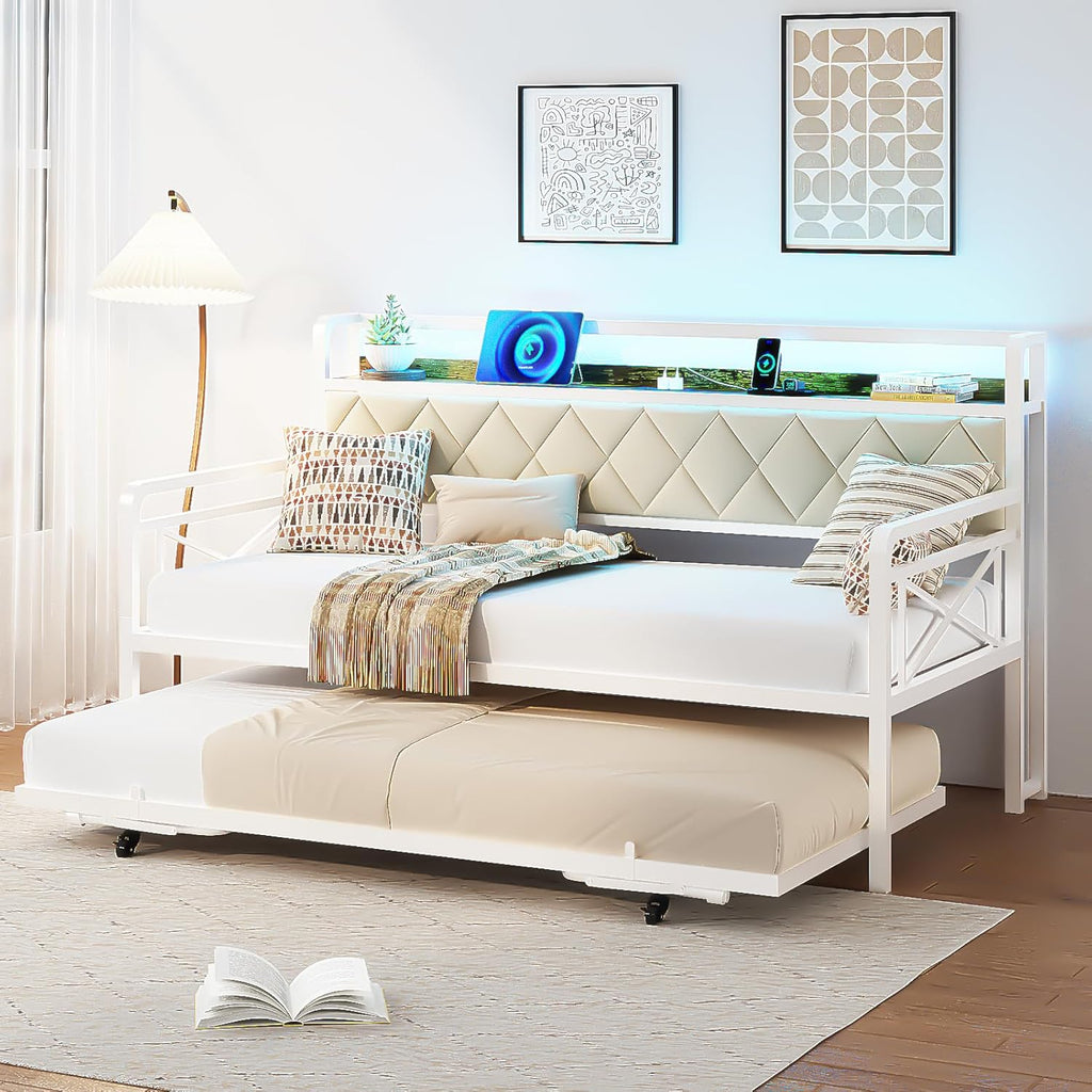VINGLI Twin Daybed with Trundle Bed, Sofa DayBed with LED Light & Charing Station, Upholstered Bed Frame with Storage Headboard and Heavy Duty Metal Slats, for Living Room, Bedroom, Guest Room, White