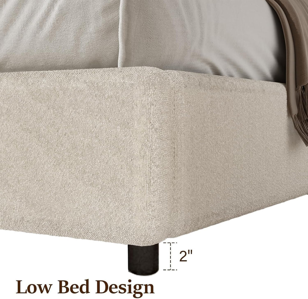 REVOMINCA Full Size Bed Frame with Round Headboard, Upholstered Platform Bed Frame, Boucle Soft Bed Frame, Modern Style, No Box Spring Required, Easy Assembly, White