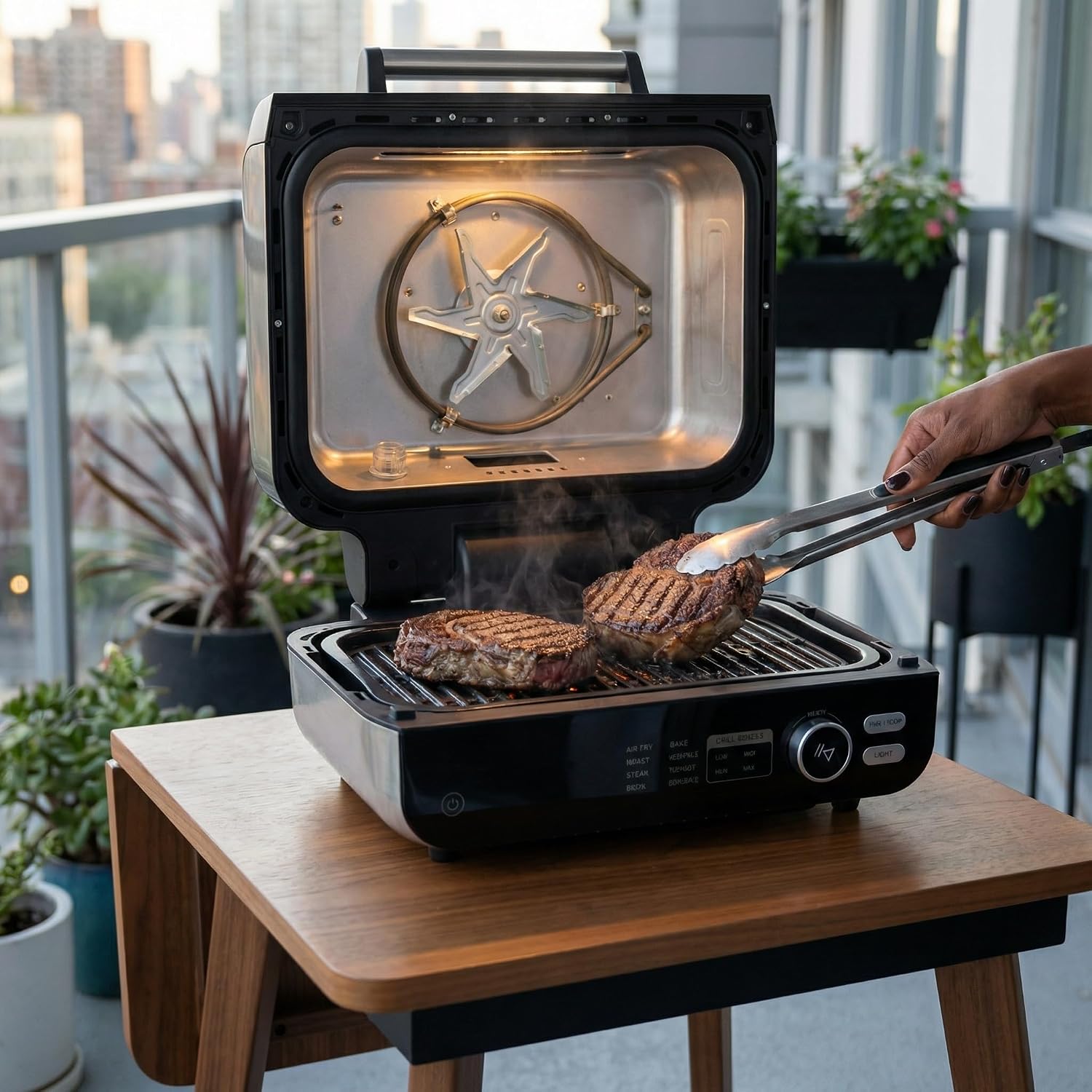 Large 8-in-1 Electric BBQ Grill & Air Fryer Combo with Griddle, 450℉, Safe Non-Stick Coating, for Indoor & Outdoor Use, Bake, Broil, Dehydrate, Safe & Easy Clean, 16.53lb, Black