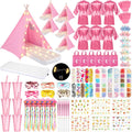 6 Set Sleepovers Teepee Tents Spa Slumber Party Robes Supplies Bulk with Inflatable Airbed and Light String, Birthday Favors Gift Indoor Outdoor (Complete,6 Pink)