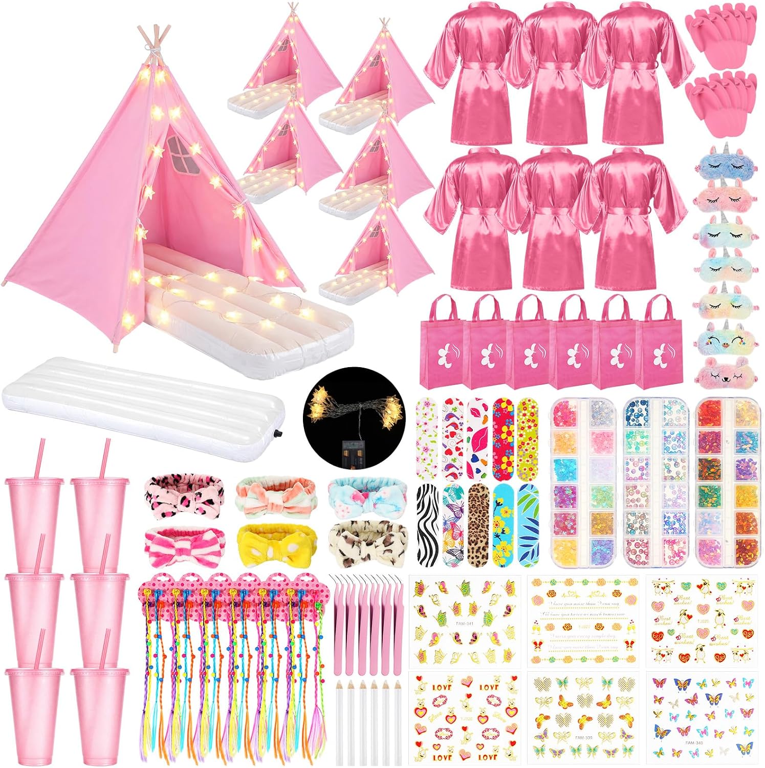 6 Set Sleepovers Teepee Tents Spa Slumber Party Robes Supplies Bulk with Inflatable Airbed and Light String, Birthday Favors Gift Indoor Outdoor (Complete,6 Pink)