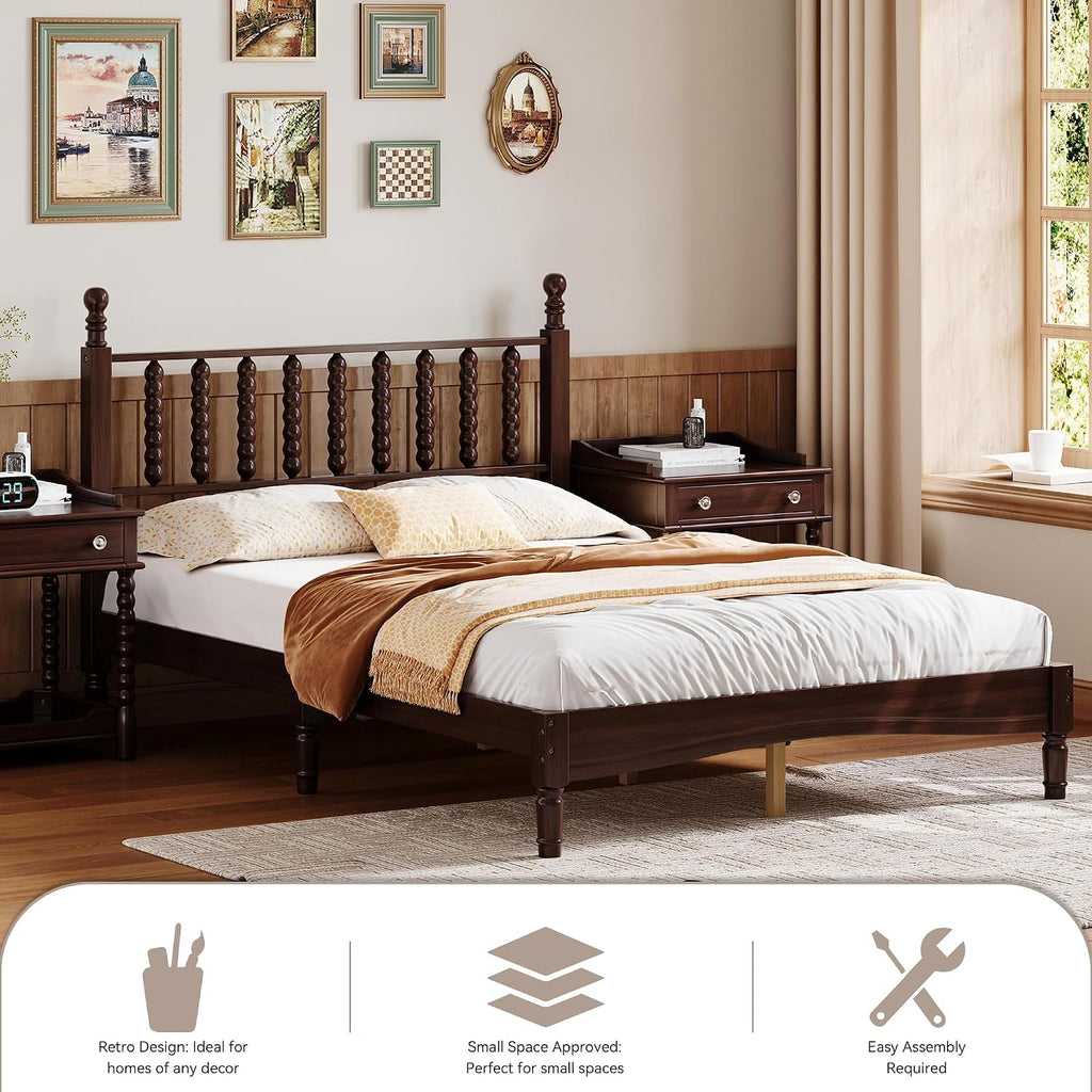 Walnut Wood Bed Frame Full Size with Spindle Headboard, Full Platform Bed with Wooden Slat Support, Retro Style Spindle Beds for Boys Girls Kids Adults Toddler, Easy Assembly