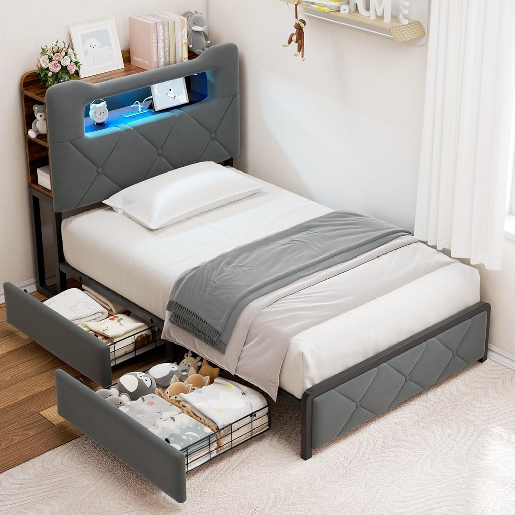 Jocoevol Twin Upholstered LED Bed Frame with 2 Storage Drawers and 2-Tier Storage Bookcase Headboard, Velvet Platform Bed for Kids/Girls/Boys, Heavy Duty Metal Support, No Box Spring Needed, Grey