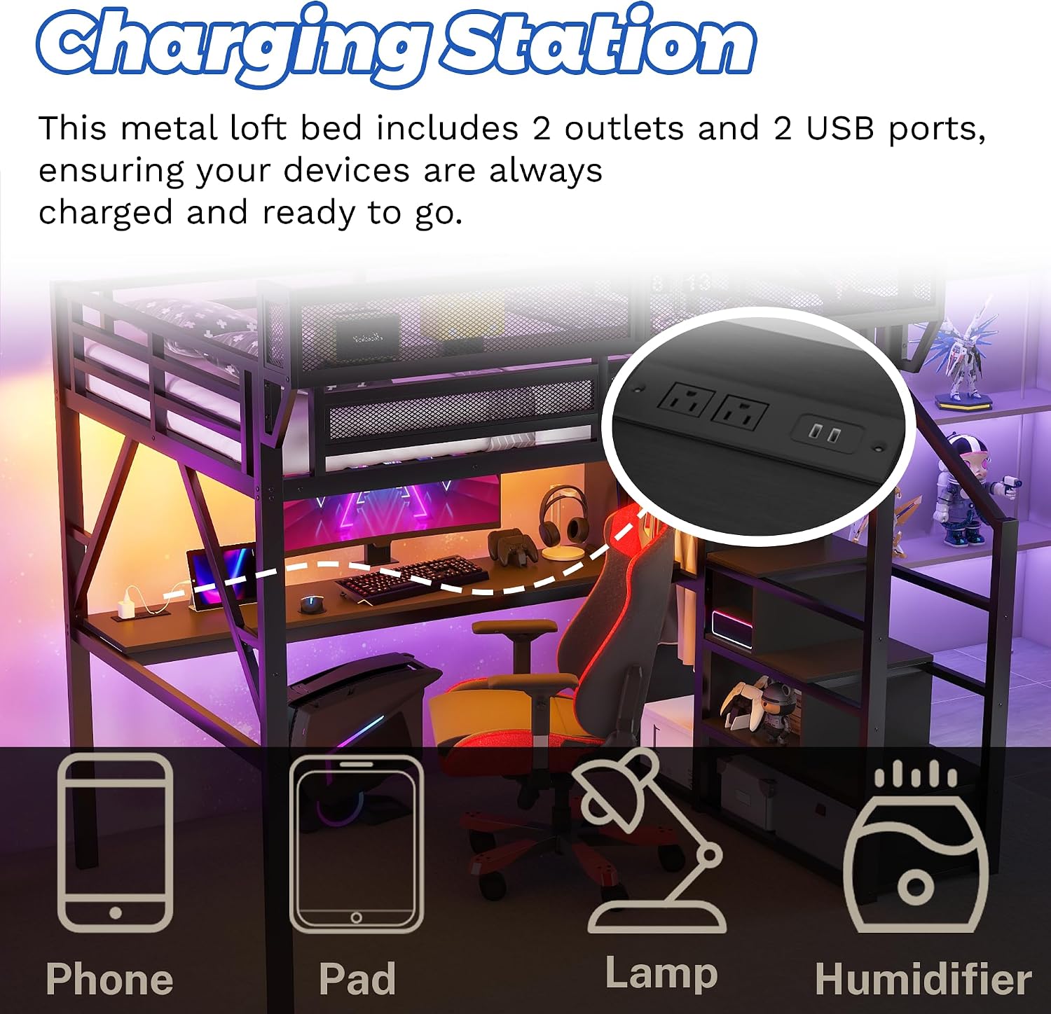 Metal Loft Bed with Desk and RGB LED Lights,Kids Loft Beds with Stairs and Charging Station,Full Size Loft Bed with Storage Shelves for Upper and Wardrobe,Loft Beds Frame for Kids(Black)