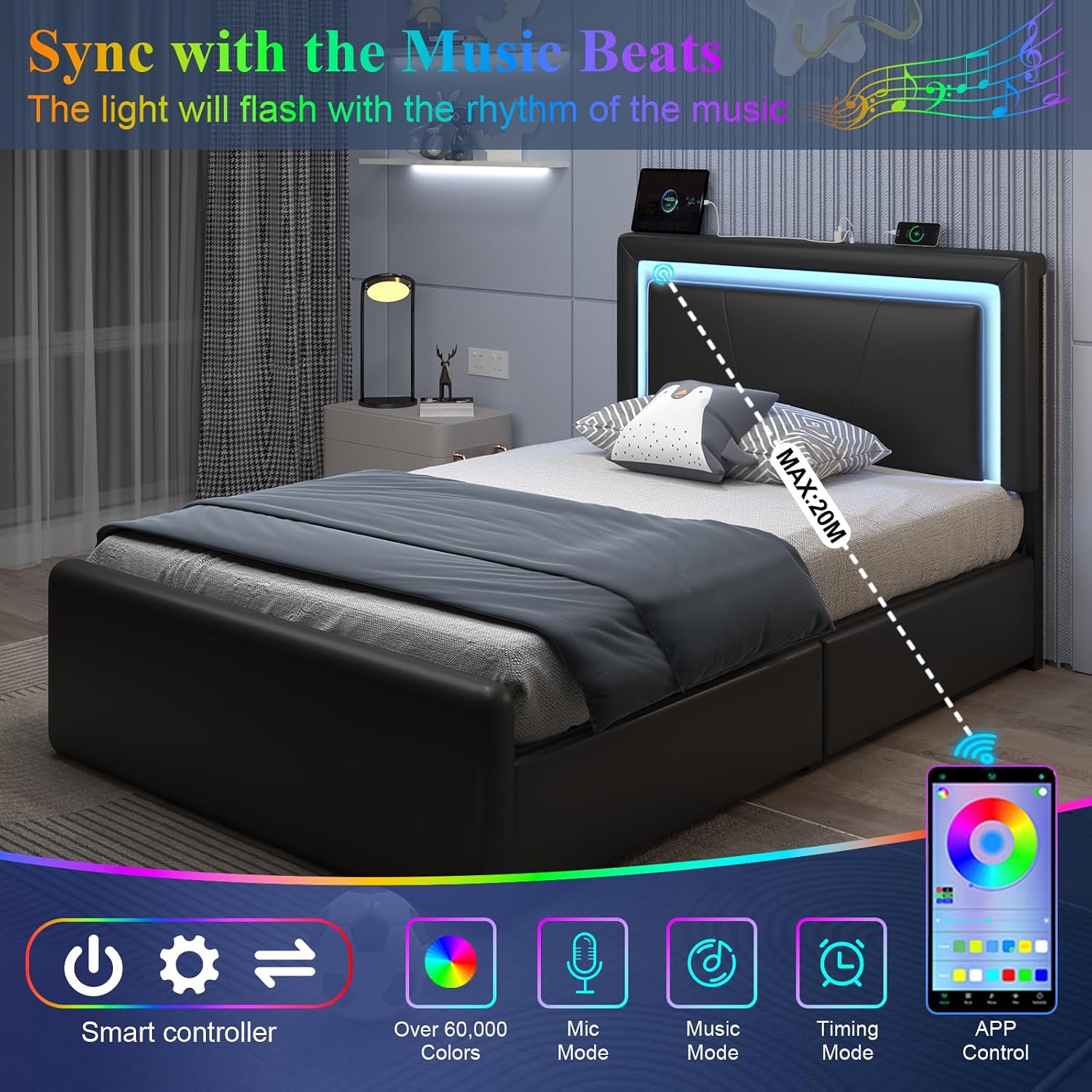 Twin Size Bed Frame with 4 Storage Drawers and LED Lights, Upholstered Platform Bed with Adjustable Headboard and Charging Station, Metal Slats Support, No Box Spring Needed,Easy Assembly, Black