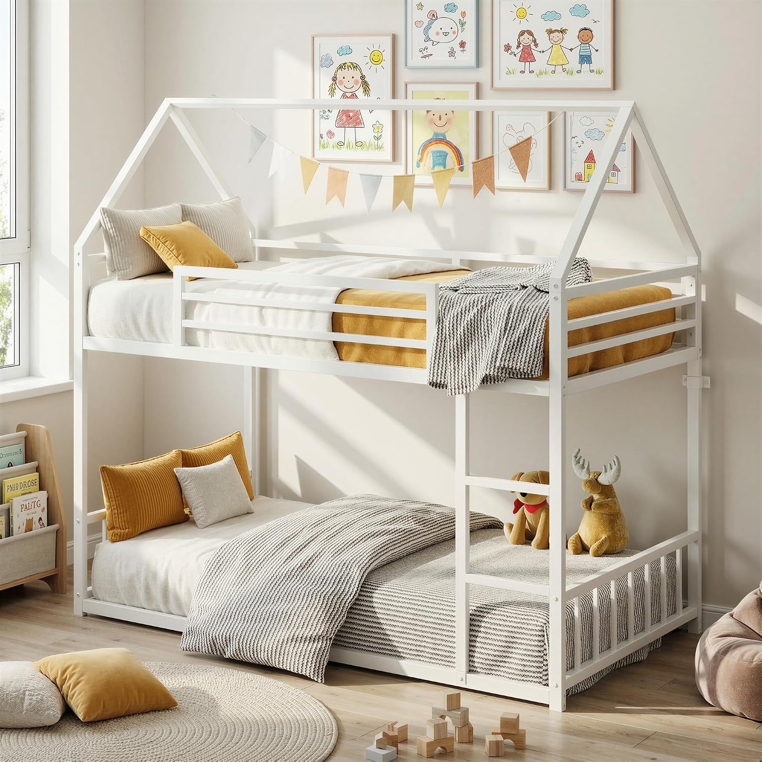 LIKIMIO Bunk Bed Twin Over Twin, House Bunk Bed Frame with Ladder and Guardrail, House Shaped with Metal Slats for Dormitory and Bedroom, Space Saving, No Box Spring Needed, White