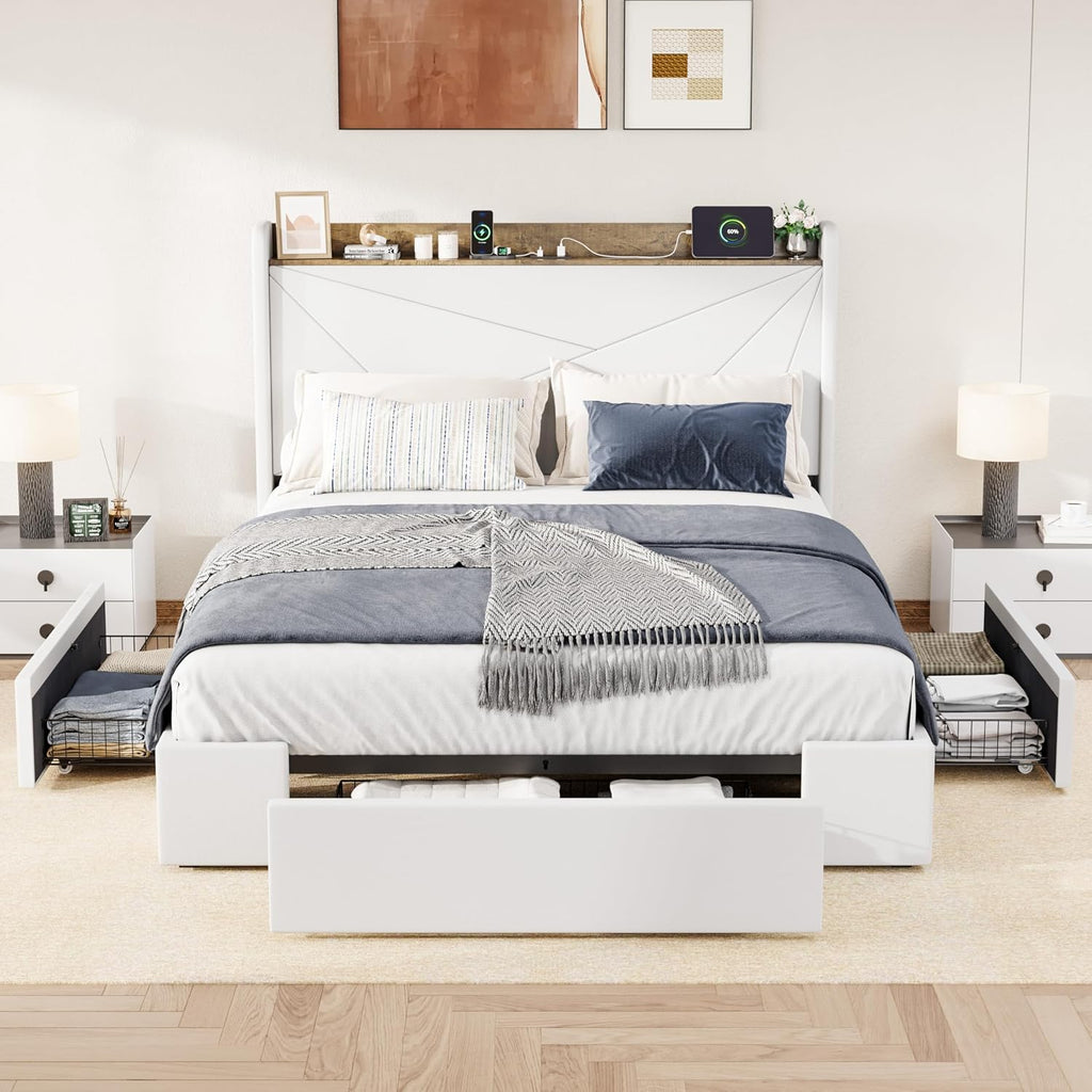 Allewie Full Size Velvet Bed Frame with 3 Storage Drawers, Upholstered Platform Bed with Wingback Storage Headboard and USB Ports, No Box Spring Needed, Easy Assembly, White