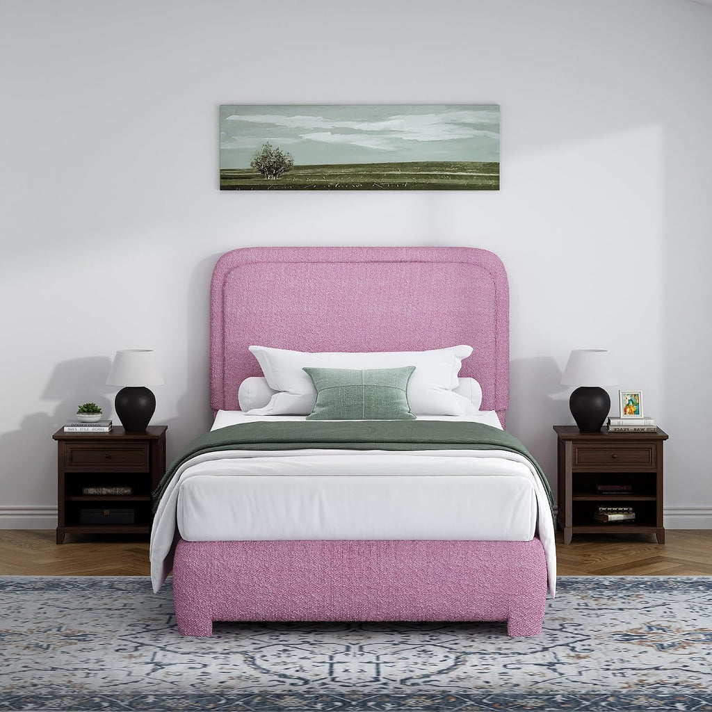 BarnFurin Twin Bed Frame with Headboard, Boucle Upholstered Platform Bed Frame, Soft Rounded Corners, No Box Spring Required, Easy Assembly, Rose Pink
