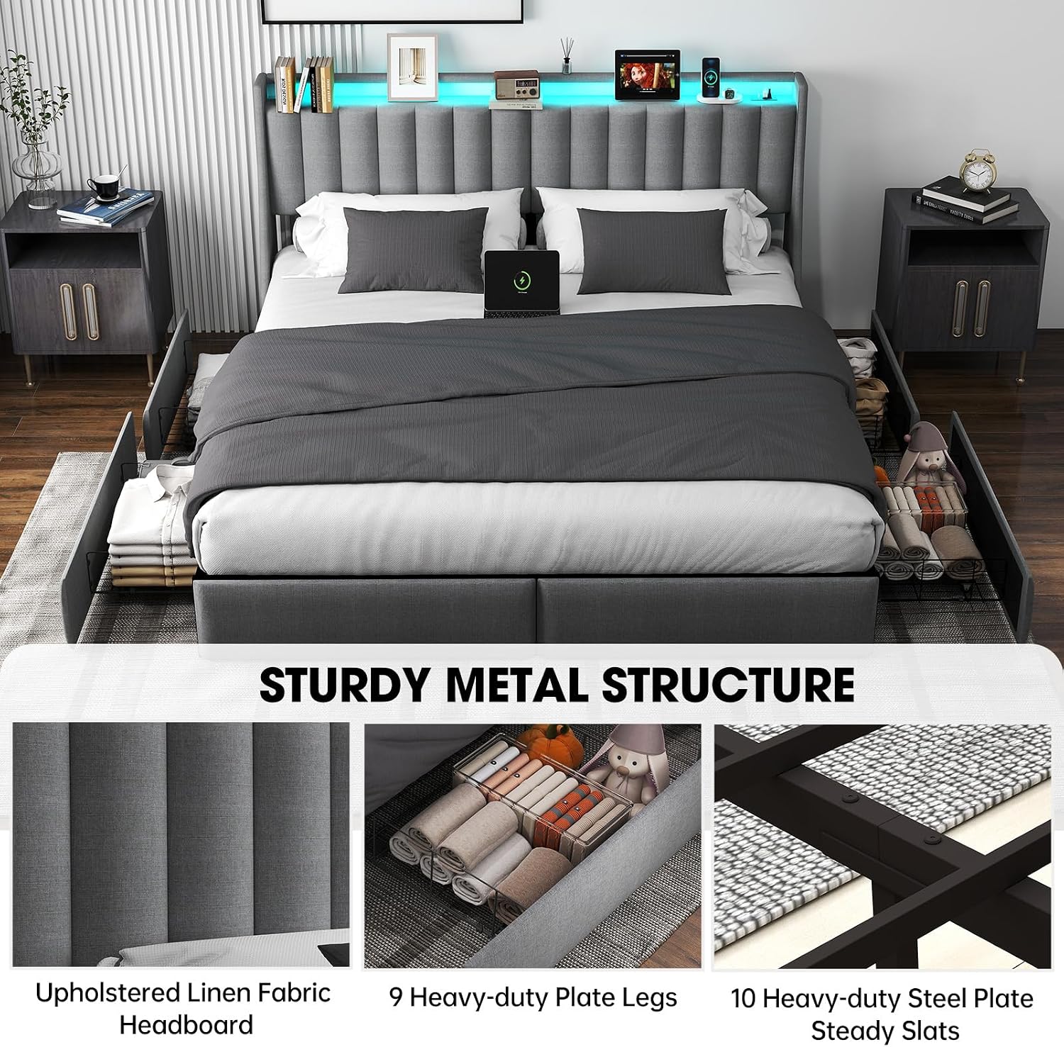 UINTAI King Size Bed Frame with LED Lights and Charging Station, Upholstered Platform Bed with Storage Headboard and 4 Drawers, Metal Slat Support, Noise-Free, No Box Spring Needed, Easy Assembly