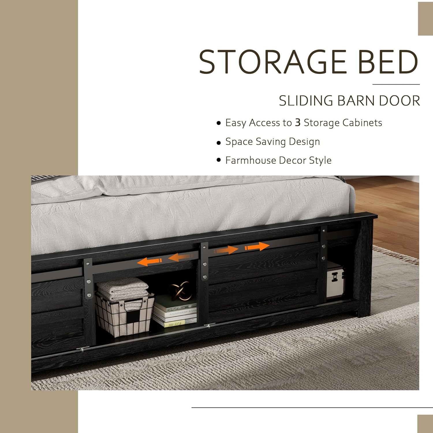 Wooden Bed Frame Queen Size with Headboard & Sliding Barn Door Storage Footboard, Farmhouse Platform Bedframe with Charging Station and LED Lights, No Box Spring Needed, Black