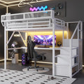Metal Loft Bed with Desk and RGB LED Lights, Full Size Loft Bed with Stairs and Charging Station,Kids Loft Beds with Storage Shelves for Upper and Wardrobe,Loft Beds Frame for Kids Teens, White