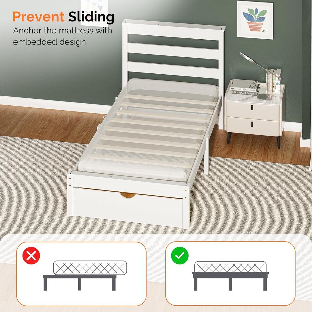 Bonnlo Solid Wood Twin Bed Frames with Headboard Shelf Storage,LED Lights,Charging Station, Platform Bed with Drawer,Easy Assembly,White