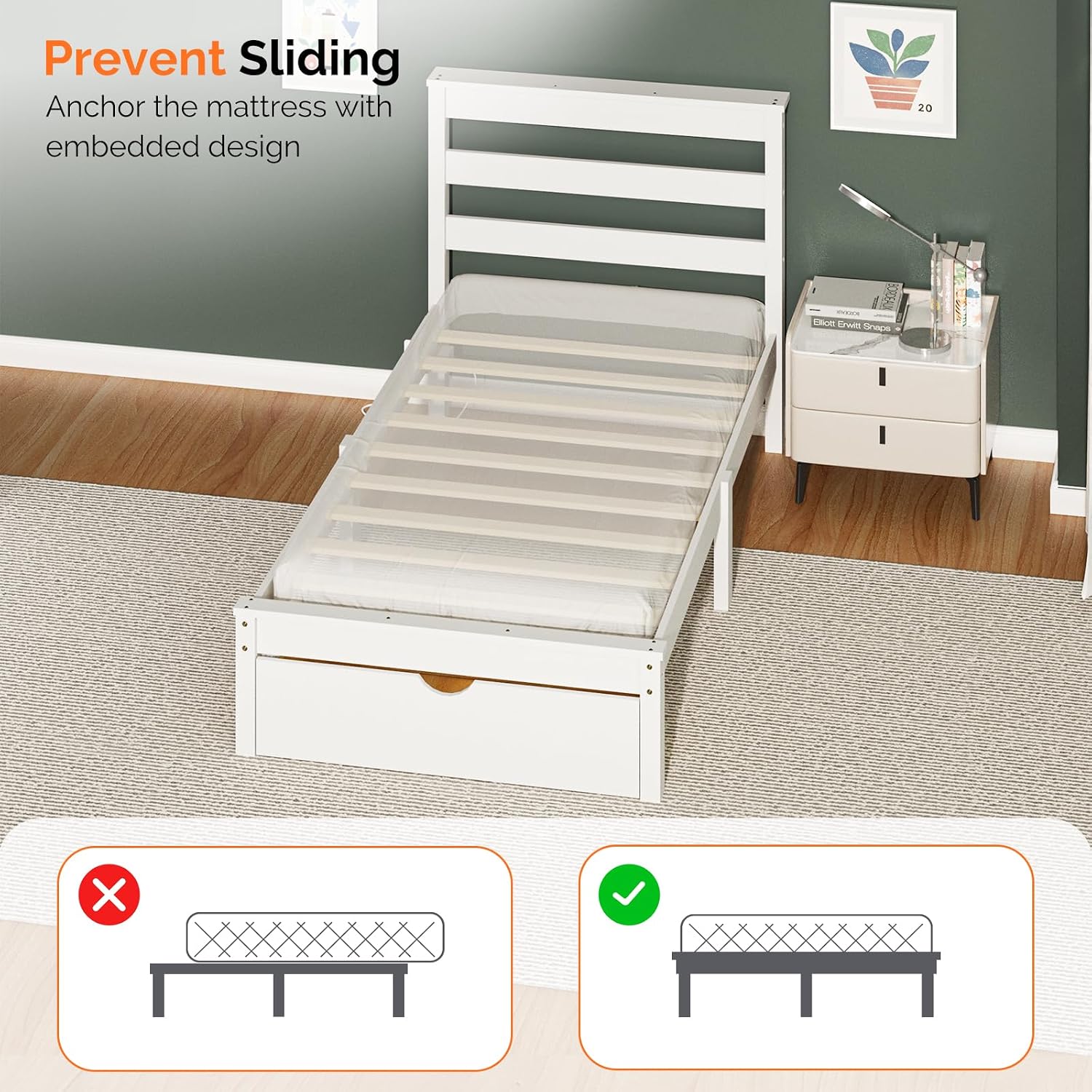 Bonnlo Solid Wood Twin Bed Frames with Headboard Shelf Storage,LED Lights,Charging Station, Platform Bed with Drawer,Easy Assembly,White