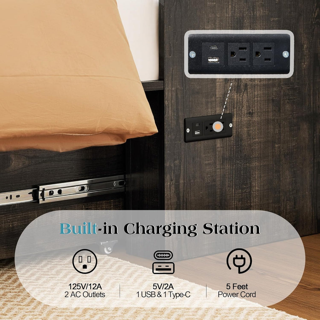 LUXOAK Full Murphy Bed with Storage and Charging Station, Farmhouse Cabinet Bed, Noise-Free, for Guest Room, Apartment, or Office, Black Oak