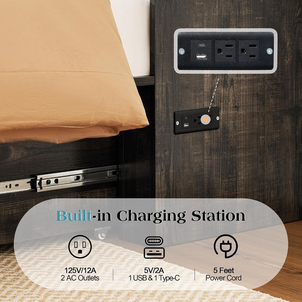 LUXOAK Queen Murphy Bed with Storage and Charging Station, Farmhouse Cabinet Bed, Noise-Free, for Guest Room, Apartment, or Office, Black Oak