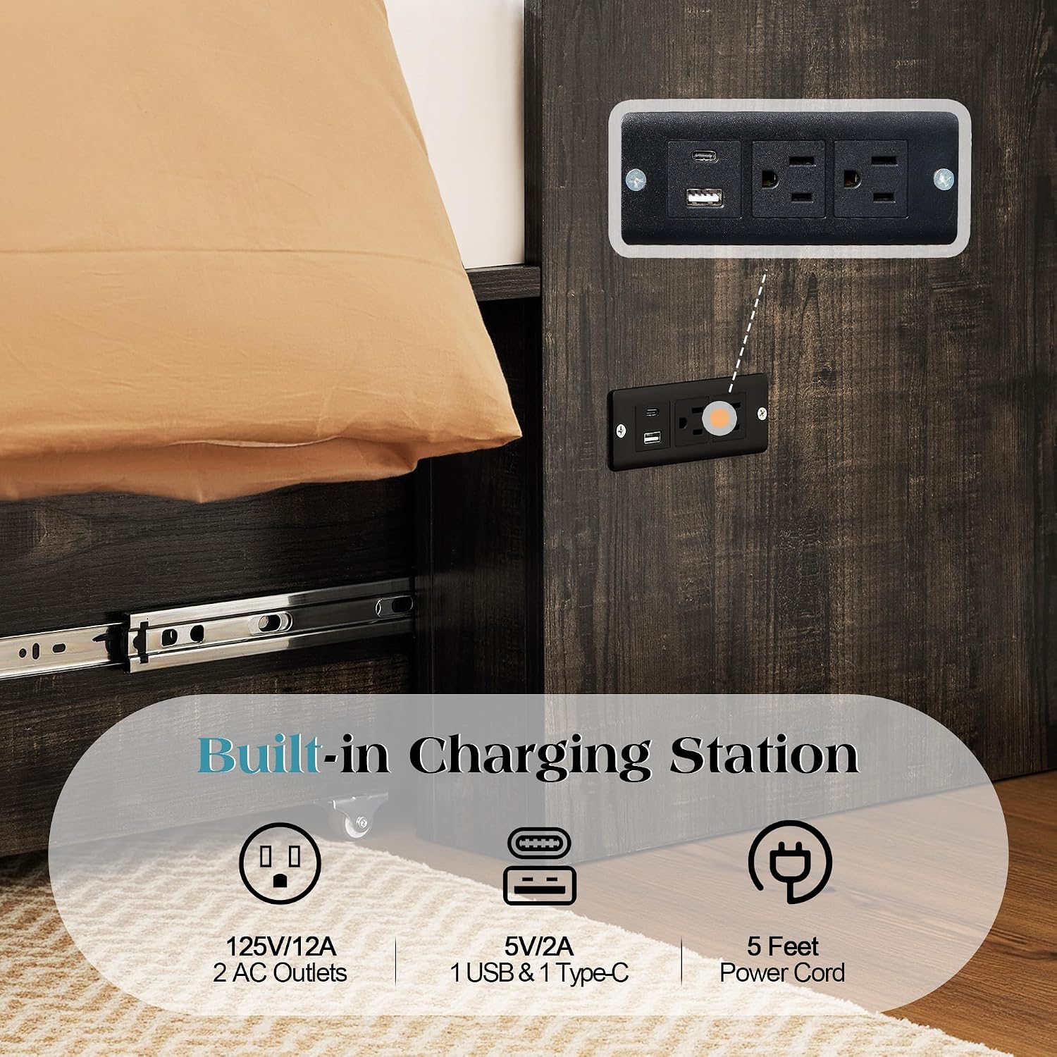 LUXOAK Queen Murphy Bed with Storage and Charging Station, Farmhouse Cabinet Bed, Noise-Free, for Guest Room, Apartment, or Office, Black Oak