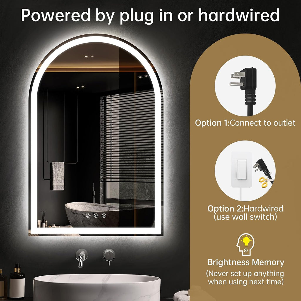 Arched LED Mirror for Bathroom 24'x36'- Frameless Lighted Bathroom Mirror with Lights, Fogless, Dimmable, 3 Color Changing, Shatterproof, Touch Sensor
