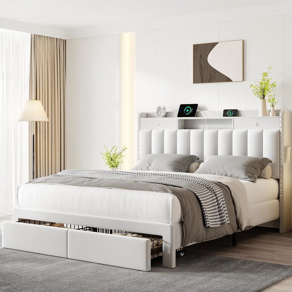 CypBed Full Size Upholstered Platform Bed Frame with Velvet & 2-Tier Storage Headboard, USB & Type-C Charging Ports, 4 Storage Drawers, Solid Wood Slats, No Box Spring Needed, No-Noise, White, Gifts