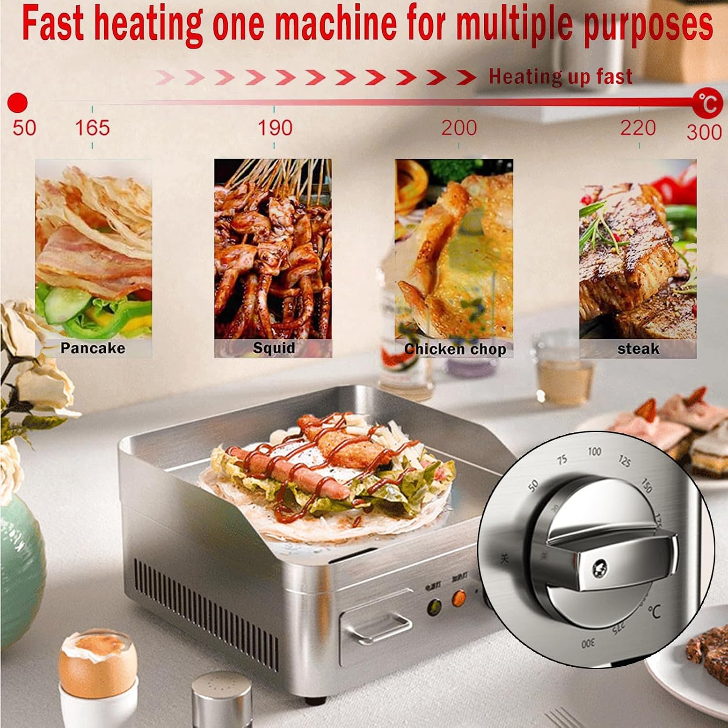 13.7' Electric Griddle, Commercial Electric Countertop Griddle Grill, Non-Stick Stainless Steel Flat Top Grills for Kitchen Restaurant Indoor with Adjustable Temperature Control 2000W 220V