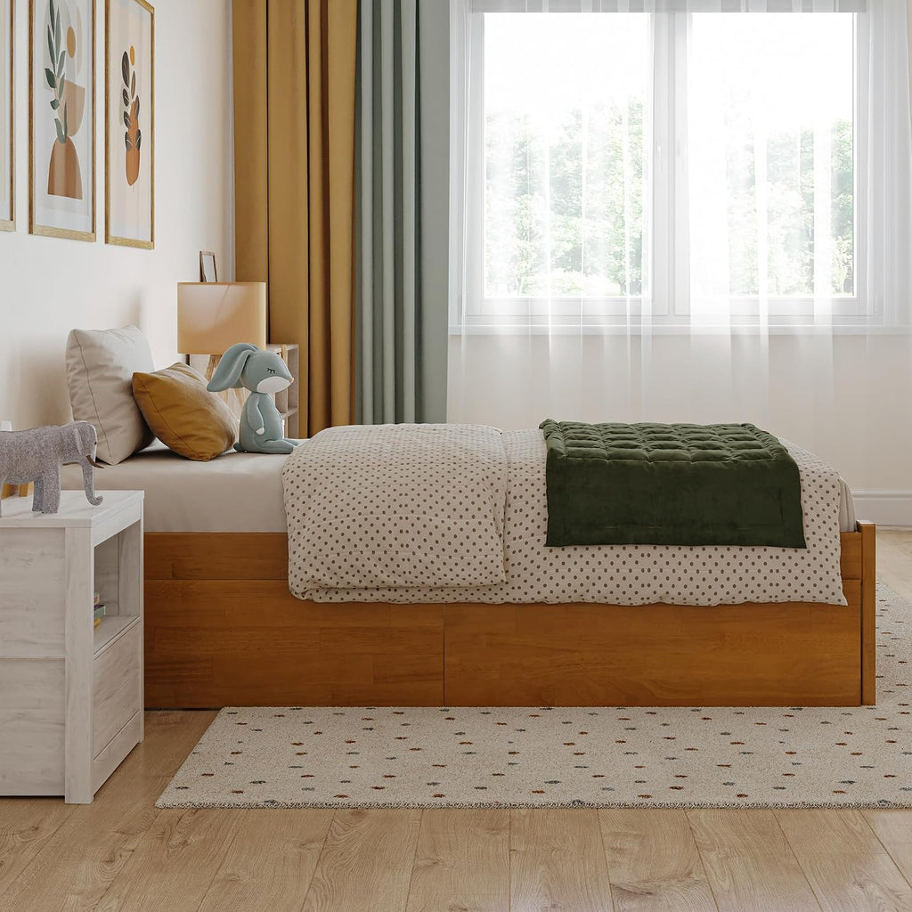 AFI Concord Twin Solid Wood Platform Bed with Footboard & Storage Drawers in Light Toffee