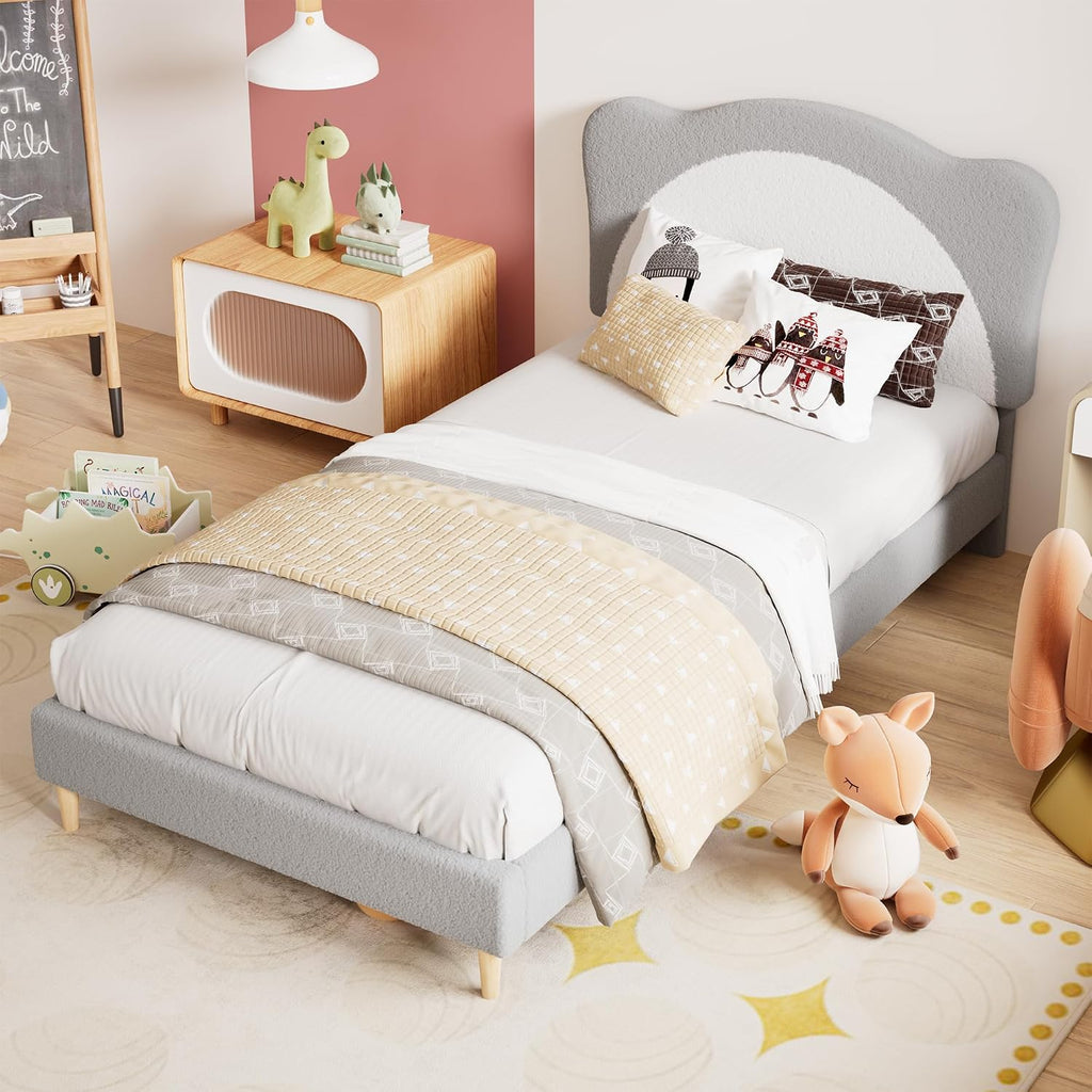 GarveeHome Full Size Bed Frame for Kids - Cute Velvet Princess Platform Bed with Upholstered Headboard for Girls/Boys, Solid Wood Slats Support, No Box Spring Needed, Gray + White