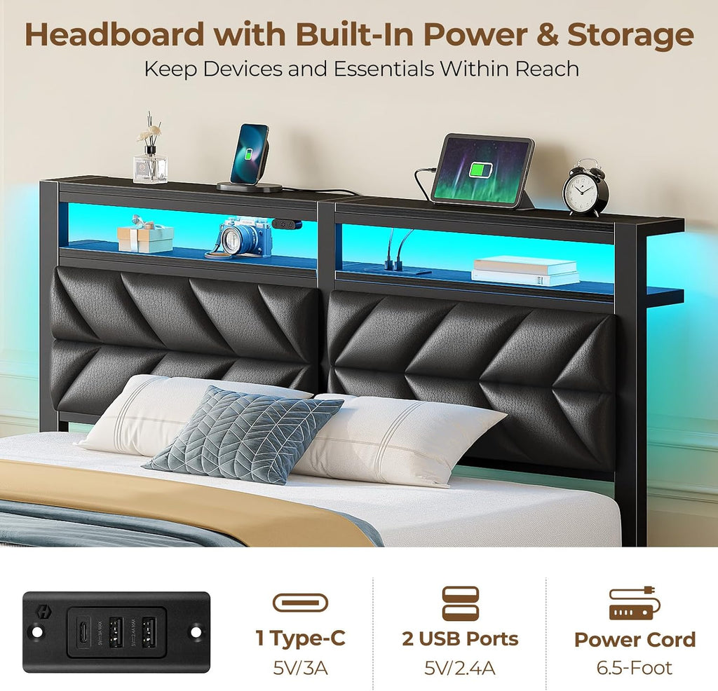 Seventable Full Size Bed Frame with 4 Storage Drawers, Charging Station & LED Lights, Upholstered Headboard with 2-Tier Shelves, Metal Platform Bed, No Box Spring Needed, Noise-Free, Black