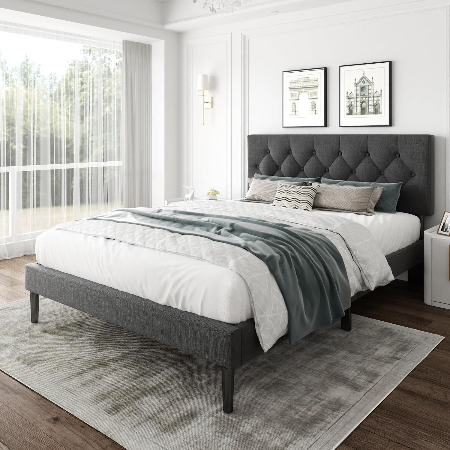 CXVX Full Size Platform Bed Frame with Upholstered Headboard, Button Tufted Design, Strong Wooden Slats, No Box Spring Needed, Easy Assembly, Noise Free