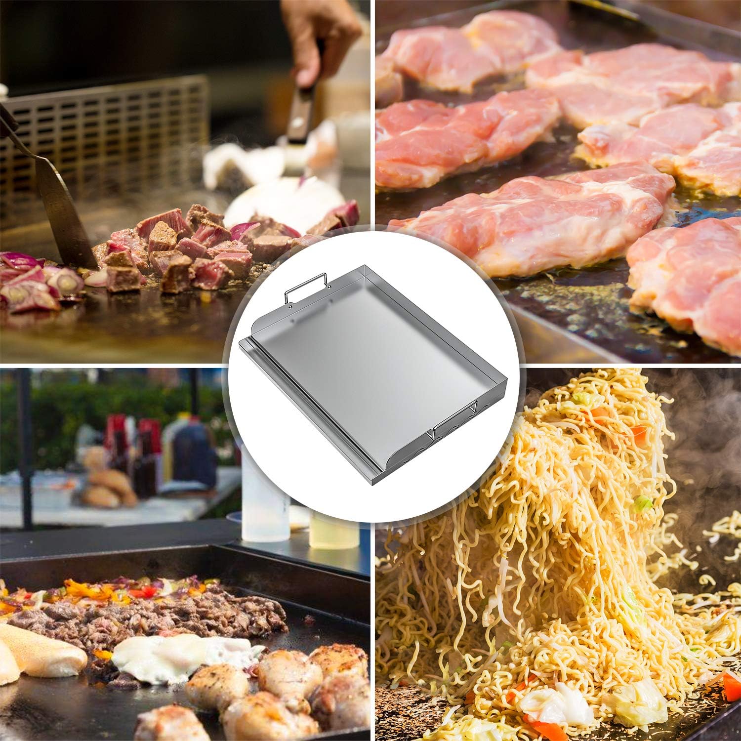 Skyflame Universal Stainless Steel Griddle Flat Top Plate, 3 Piece Griddle Accessories Kit and Magnetic Hanging Trash Can for Cooking Grill