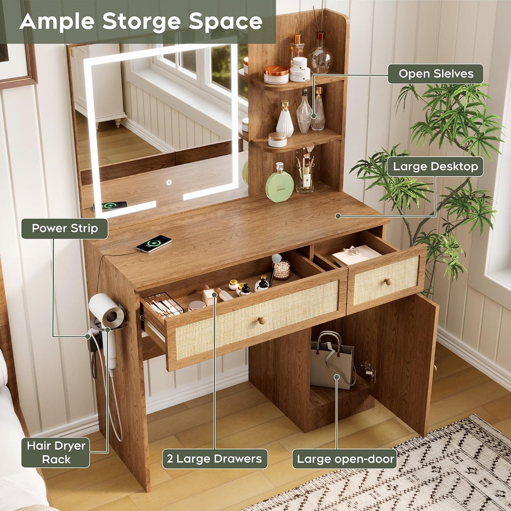 Yechen Boho Makeup Vanity Desk with LED Lighted Mirror & Power Strip, 35' Wooden Dressing Table Set with Rattan Drawers, Storage Shelves and Cushioned Stool for Bedroom, for Girls Women