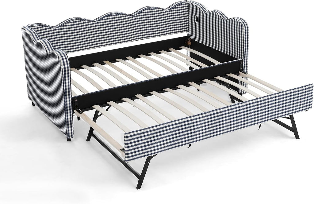 Deolme Twin to King Daybed with Trundle, USB Ports Soft Upholstered Daybed with Pop Up Trundle Bed Twin, Modern Extendable Day Bed Frame for Kids Bedroom Living Room Guest Room Small Places Navy Blue