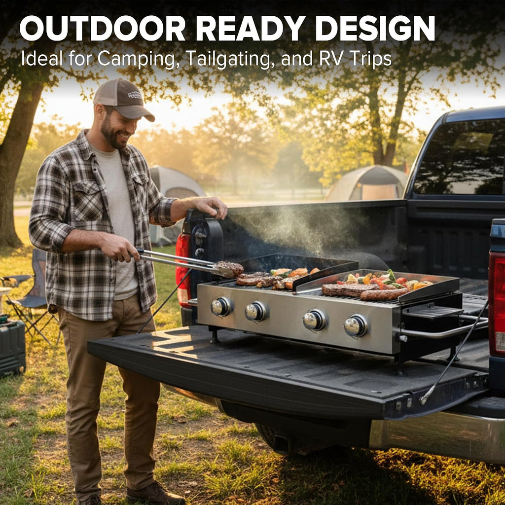 Gas Grill and Griddle Combo, 4-Burner Propane Grill with Cast Iron Grates and Stainless Steel Griddle, 40,000 BTU Tabletop Grill Griddle Combo for Outdoor BBQ, Camping, Tailgating
