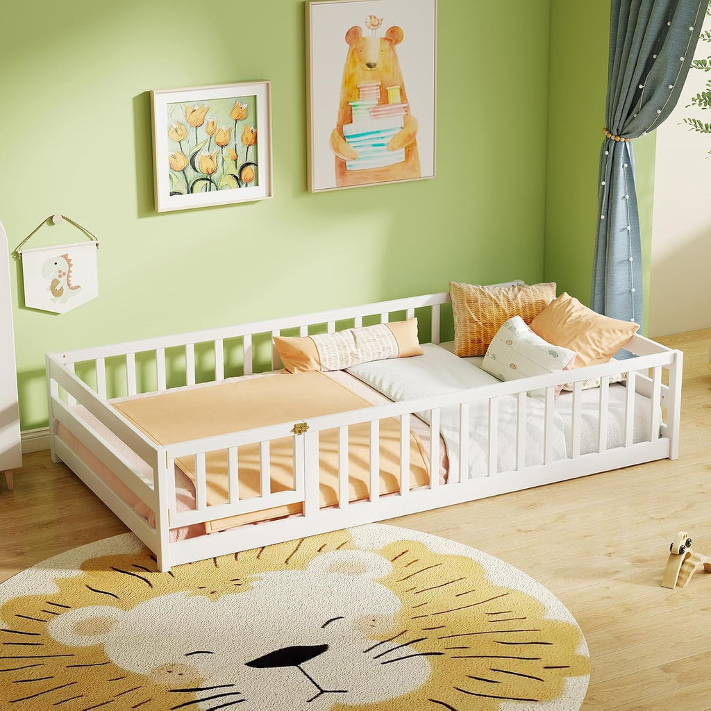 KOMFOTT Twin Size Wood Floor Bed with Door & Fence, Montessori Bed Frame with Full Length Safety Guardrails, Door & Latch, Wooden Montessori Floor Bed for Kids, Girls, Boys (White, Twin)