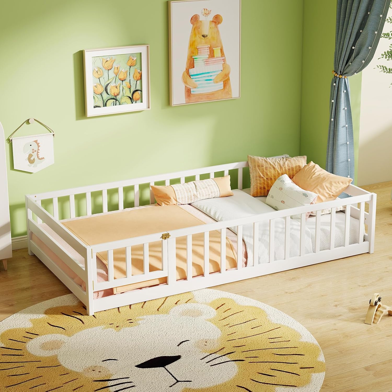 KOMFOTT Twin Size Wood Floor Bed with Door & Fence, Montessori Bed Frame with Full Length Safety Guardrails, Door & Latch, Wooden Montessori Floor Bed for Kids, Girls, Boys (White, Twin)