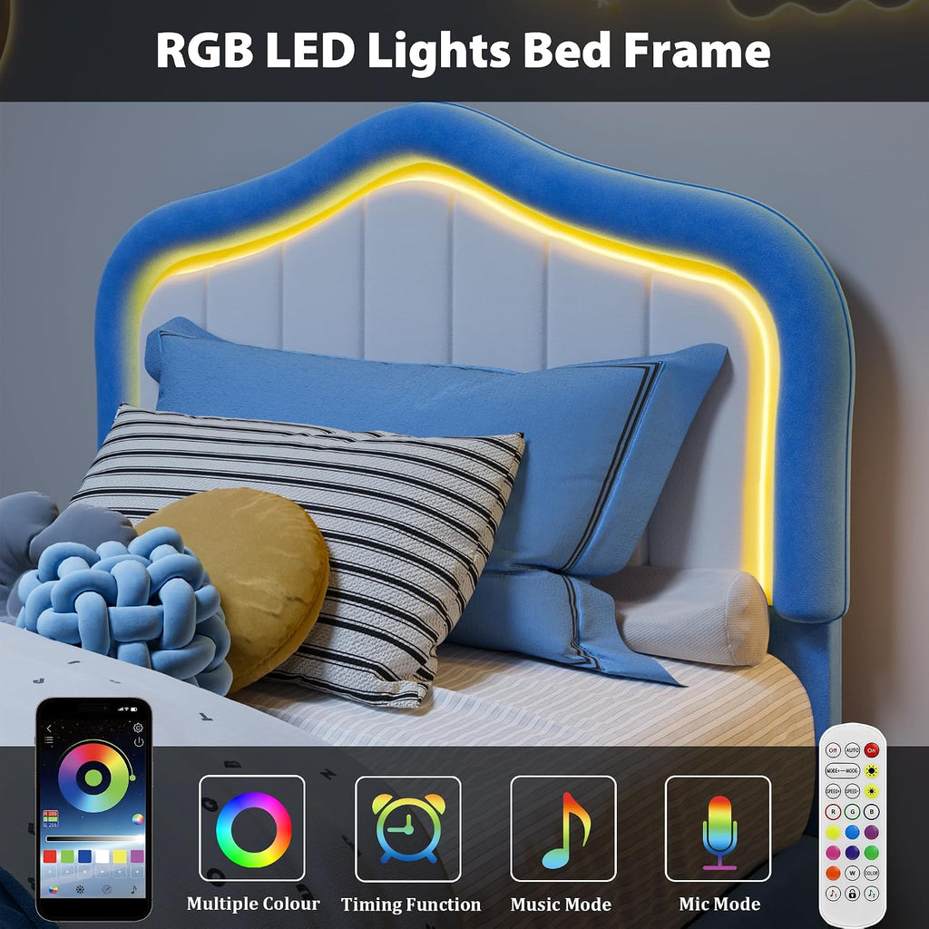 GarveeHome Upholstered Twin Bed Frame with Led Lights and Storage Drawer, Cute Velvet Led Bed Frame with Headboard for Kids, Girls, Boys, No Box Spring Needed, Wooden Slats, Noise Free, Blue