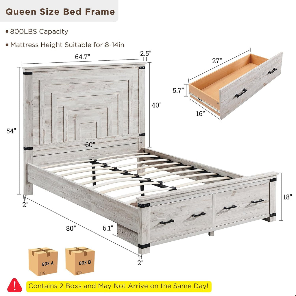 T4TREAM Farmhouse Queen Size Bed Frame with 54' Tall Geometric Headboard & 2 Large Storage Drawers, Rustic Wood Platform Bed with Wood Slats Support, No Box Spring Needed, Antique Brushed White