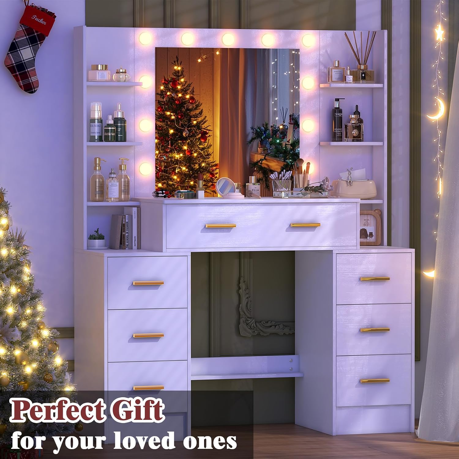 Vanity Desk with Mirror and Lights, Vanity Table with 7 Drawers and 6 Storage Shelves, 3 Lighting Modes Adjustable, Dressing Table Vanity Set, Makeup Vanity Table for Bedroom, Dressing Room, White