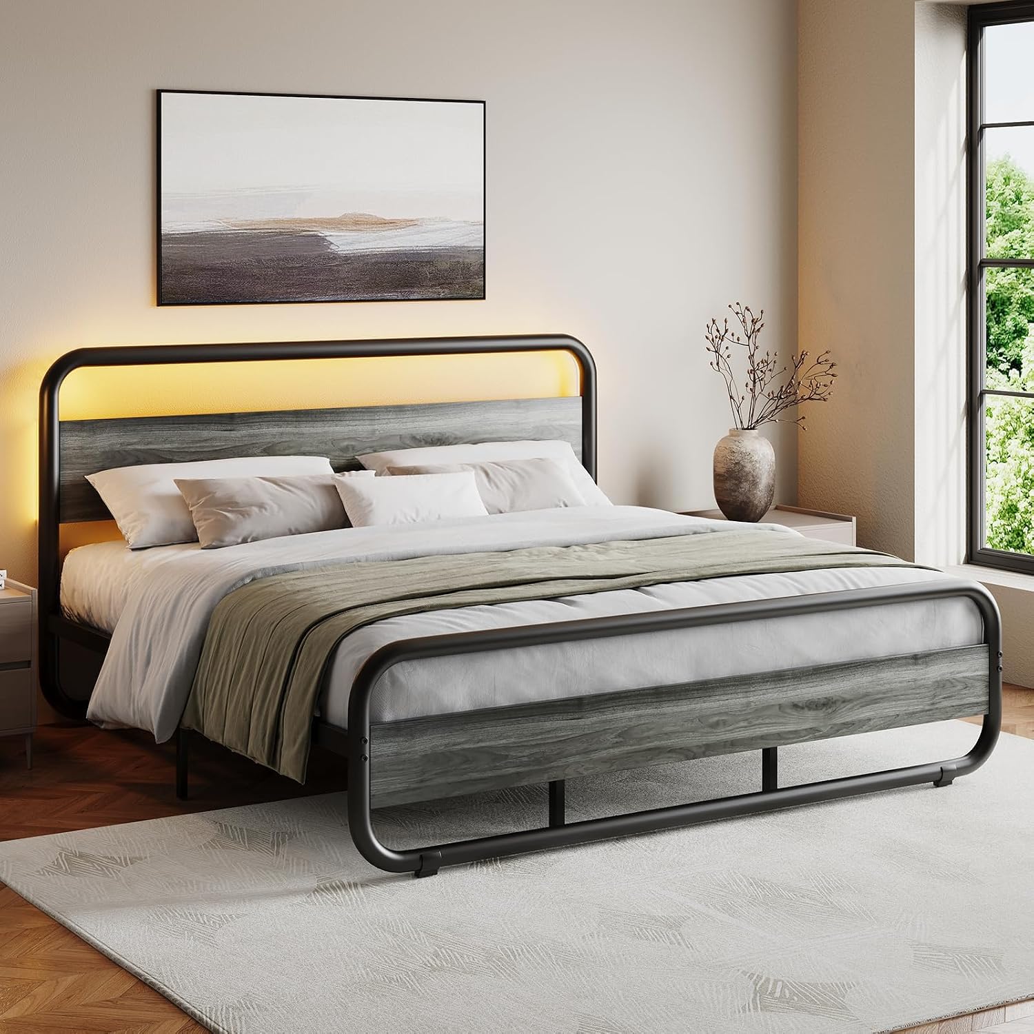 Catrimown King Size Bed Frame, Heavy Duty Metal Rustic King Platform Bed Frame with Wood Headboard, Under Bed Storage, Noise Free, No Box Spring Needed, Wash Gray