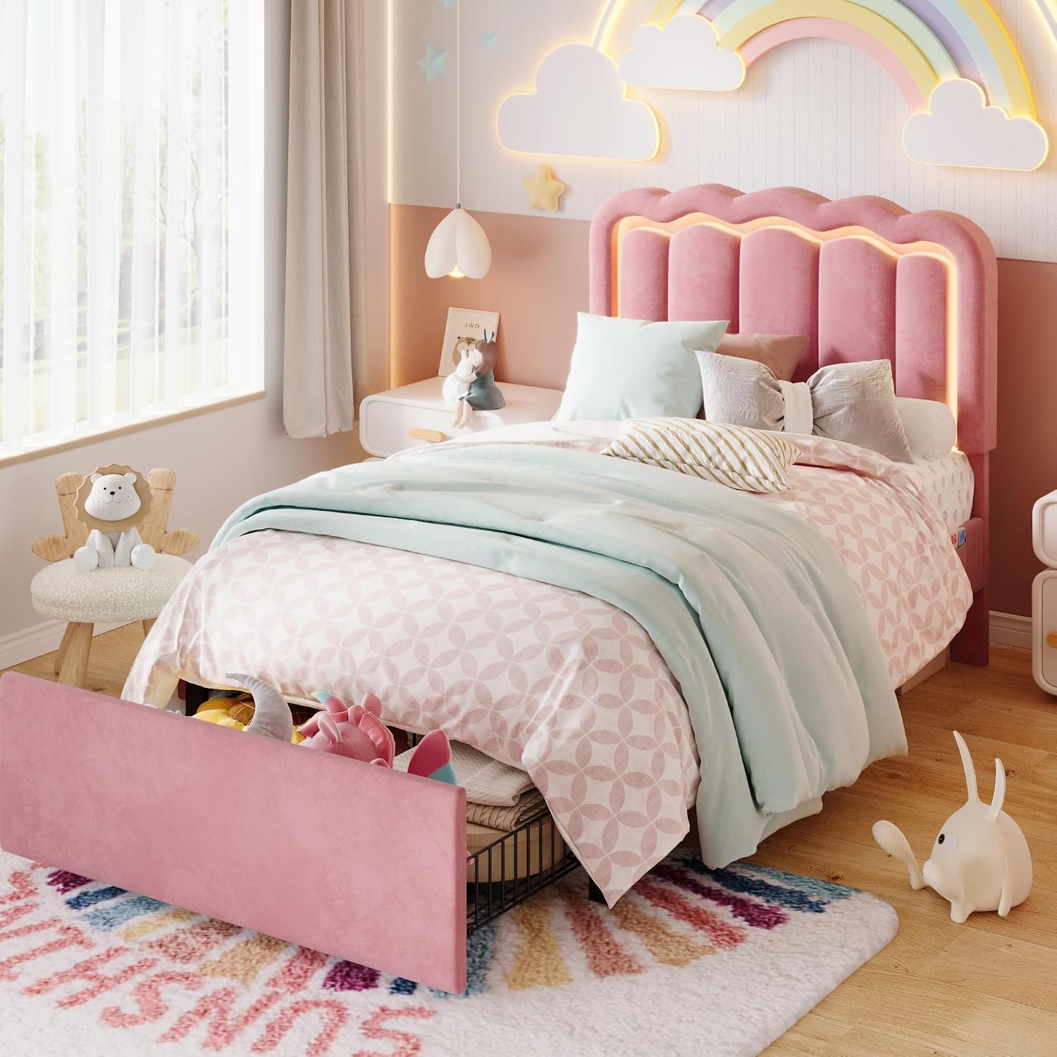 SHA CERLIN Upholstered Twin Size Bed Frame with LED Lights and Large Storage Drawer, Velvet Platform Bed with Adjustable Wavy Headboard, Noise Free, Easy Assembly, No Box Spring Needed, Soft Pink