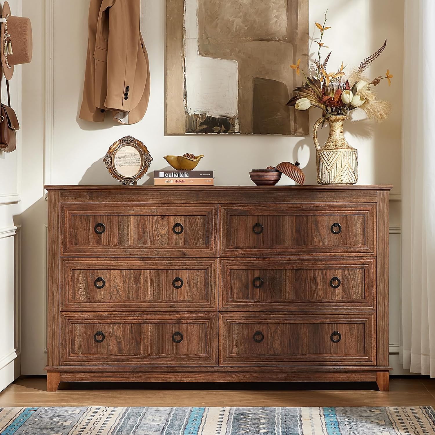 Joaxswe 6 Drawers Dresser for Bedroom, Farmhouse 54'' Dresser Chest of Drawers, Vintage Design Wood TV Stand, Rustic Storage Dressers Organizer for Bedroom, Living Room, Hallway-Brown